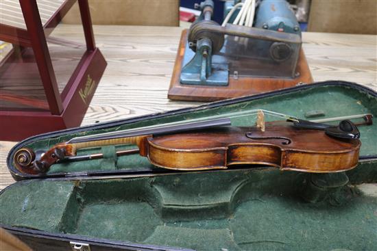 A 19th century violin, two piece back, cased with a later bow